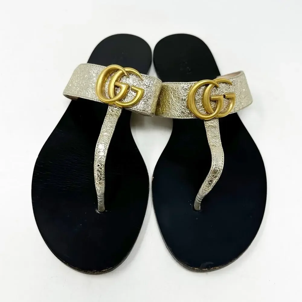 Gucci Marmont GG Metallic Thong Sandals Womens Size EU 38
